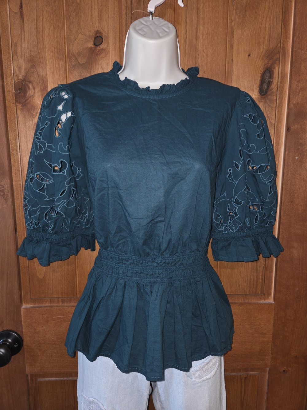 Universal Thread Teal Eyelet Puff Sleeve Peplum Blouse
